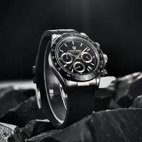 Vista 2 de Pagani Design Relojes mecánicos automáticos de lujo para hombre, esfera de esqueleto, acero inoxidable, bisel de arco iris, correa de goma, 328.1