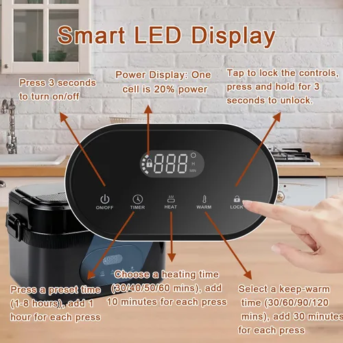 Vista 5 de Fiambrera eléctrica inalámbrica para adultos, lonchera recargable de 18000 mAh, 1.5L (6.3 tazas), calentador de alimentos portátil autocalentable