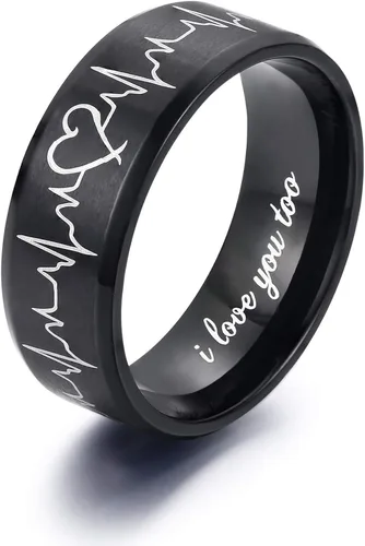 Vista 2 de Lavumo - Anillos de acero inoxidable a juego para promesa de boda de parejas diseño con grabado de latidos del corazón y leyenda I love you ajuste