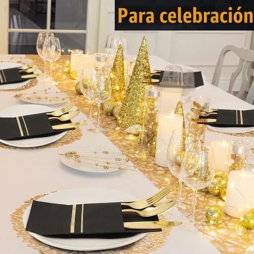 Vista 6 de Ireer 100 piezas de cubiertos de plástico negro dorado con servilletas para Juego de cubiertos desechables negros y dorados con tenedores
