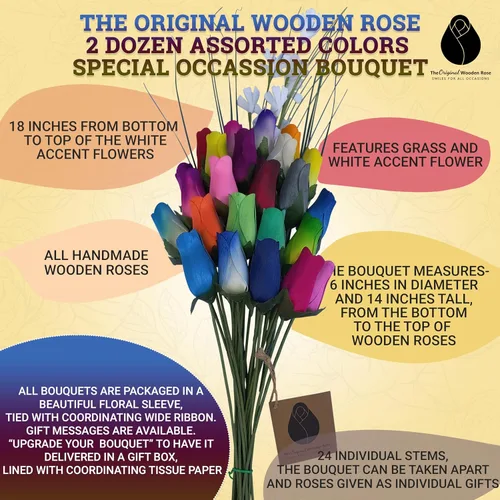 Vista 2 de Ramo con 2 docenas de rosas de madera de 24 colores mezclados, pimpollo artificial