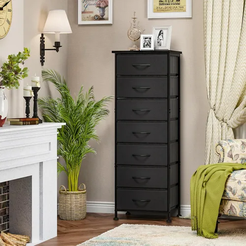 Vista 2 de Fixwal Cómoda negra alta y delgada para dormitorio, organizador de almacenamiento estrecho con 7 cajones de tela, muebles de mesita de noche