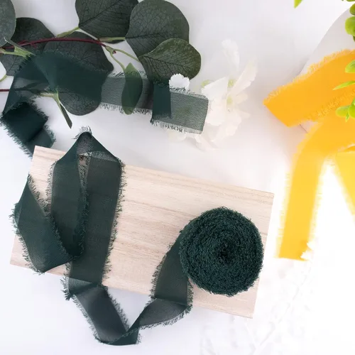 Vista 10 de Cintas de gasa de seda de 1.2 pulgadas x 11 yardas, cintas verdes hechas a mano con flecos para invitaciones de boda, envoltura de regalos, ramos