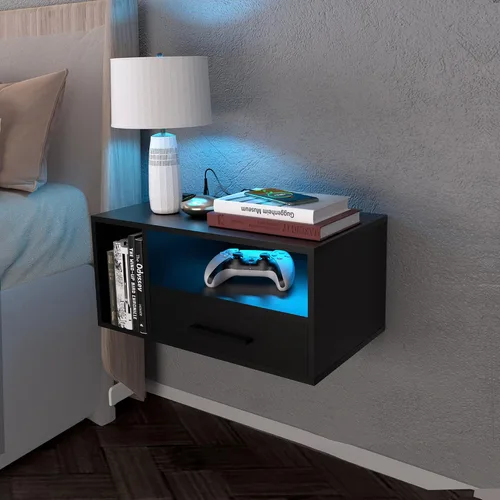 Vista 10 de Mesita de noche flotante con estación de carga y tiras de luz LED, mesita de noche de 21.3 pulgadas con cajones, mesita de noche flotante