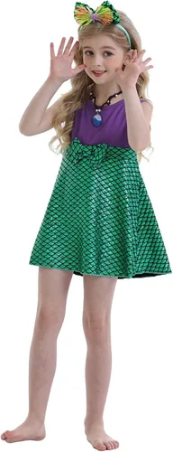 Vista 3 de Bows Bows Bows - Disfraz de princesa con cola de sirena Ariel, vestido casual, color verde y morado con diadema