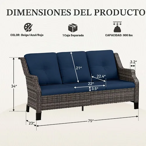 Vista 2 de Sofá de mimbre para patio al aire libre, sofá de 3 plazas, sofá de ratán con asiento profundo y cojines de olefina, respaldo alto, todo tipo de Azul
