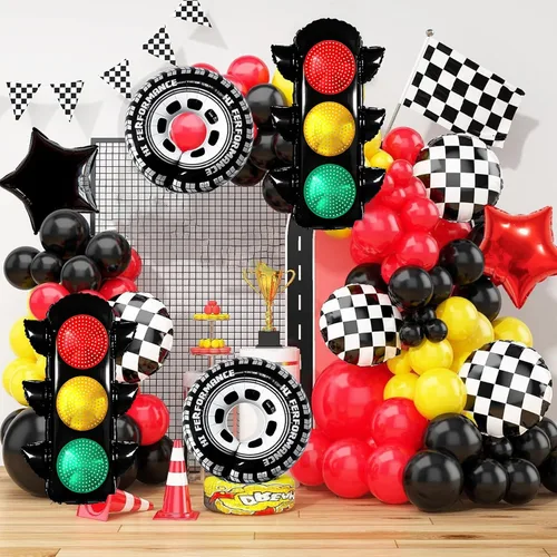 Vista 4 de 2 globos de señal de tráfico para decoración de fiestas de cumpleaños de coches de carreras, globos de tráfico, suministros de fiesta de cumpleaños