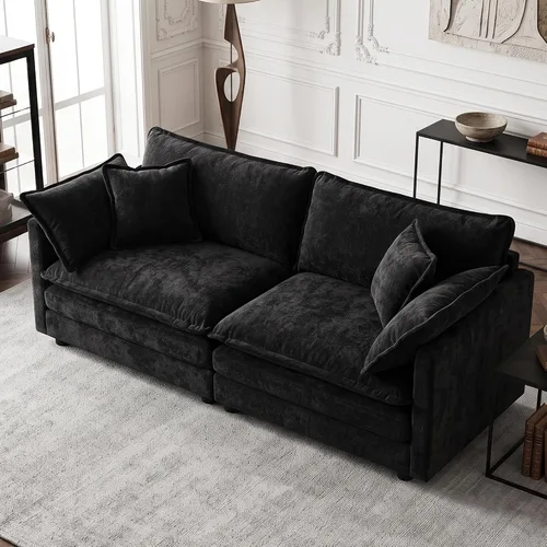 Vista 21 de Sofá individual modular de chenilla con otomana, sofá nube con almohada, color beige