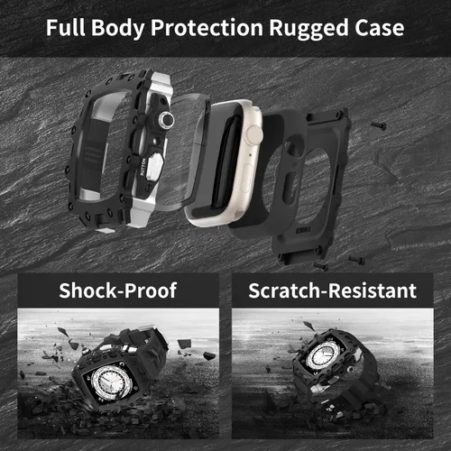 Vista 3 de Funda de metal de lujo con correa para Apple Watch Series 9, 8, 7, 1.772 pulgadas, SE 6, 5, 4, 1.732 pulgadas, protector de pantalla resistente