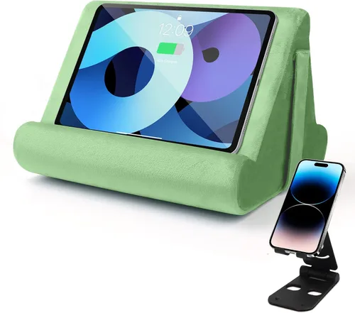 Vista 16 de Soporte universal para cojín para tablet, soporte perezoso multiángulo con bolsillo de red y soporte para teléfono opciones para regazo, rodilla