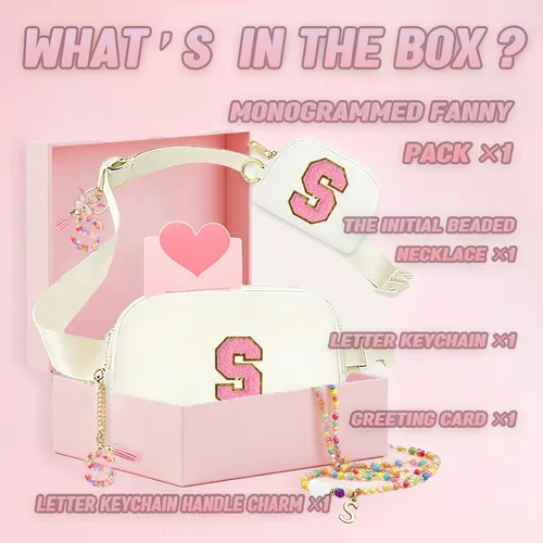 Vista 2 de Regalos de moda para niñas adolescentes, cangurera con monograma para niña con llavero, collar, dijes de taza, tarjeta de felicitación y caja