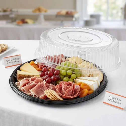 Vista 3 de Frcctre Paquete de 12 bandejas de plástico de 12 pulgadas con tapa, platos desechables de plástico para servir alimentos con tapas de cúpula