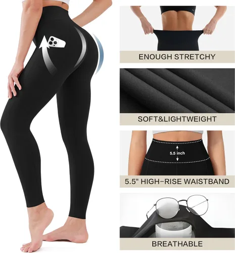 Vista 5 de Blisset - Paquete de 3 leggings de cintura alta para mujer con bolsillos, pantalones suaves y activos para control de abdomen, ideales para yoga