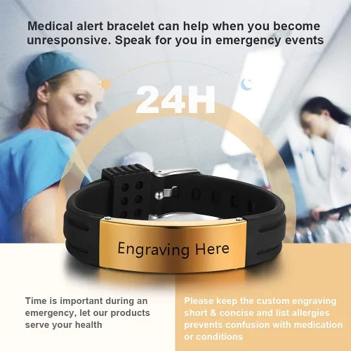 Vista 10 de OPALSTOCK Pulseras médicas personalizadas de silicona ajustable para identificación de emergencias, grabado gratuito, 9 pulgadas, resistente al