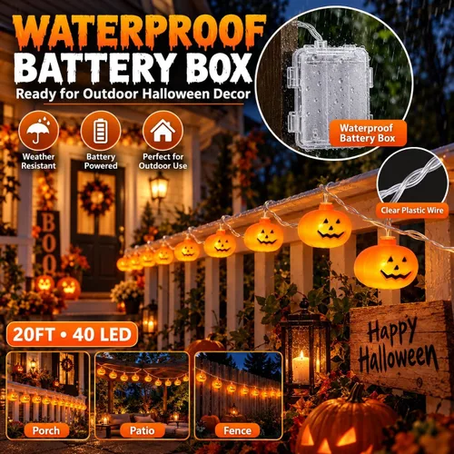 Vista 6 de Guirnalda de luces de calabaza de Halloween, 20 pies, 40 LED, control remoto, 8 modos