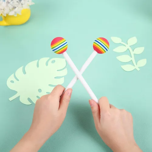 Vista 6 de 10 piezas de baquetas para niños, baquetas de caramelo arcoíris de espuma suave con cabeza de percusión para juguetes de ritmo Paletas de piruleta