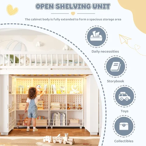 Vista 6 de SOFTSEA Twin Size Loft Bed with LED Lights & Storage Shelves, Antique White