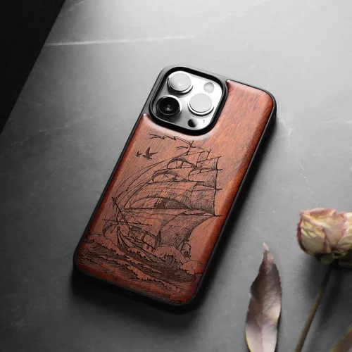 Vista 4 de Carveit Funda magnética de madera para iPhone 13 Pro [madera natural y TPU suave negro] a prueba de golpes, funda de madera única compatible