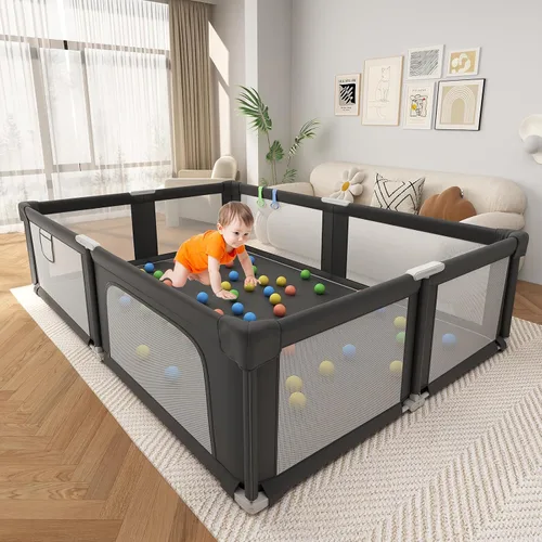 Vista 9 de Corralito plegable para bebés y niños pequeños, corralito portátil de 51 pulgadas con alfombrilla y pelotas oceánicas, patio de juegos con malla