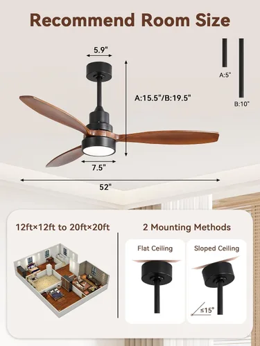 Vista 7 de Sofucor Ventilador de techo de 52 pulgadas con luces y mando a distancia, 3 Negro y marrón