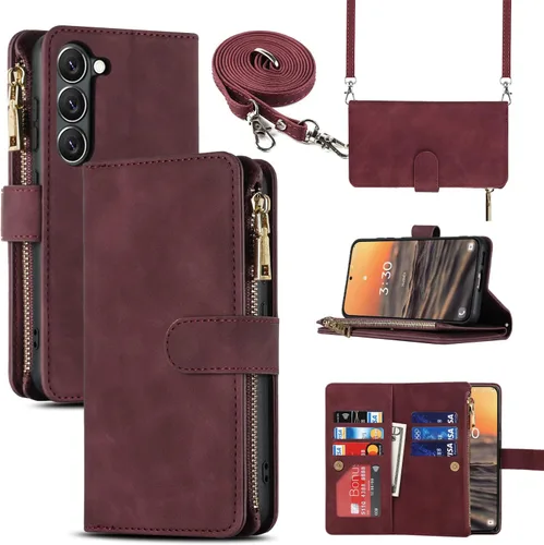 Vista 20 de Cavor Funda tipo cartera cruzada para Samsung Galaxy S22 Plus, color negro Funda de cuero con cierre magnético con cremallera y función atril TPU