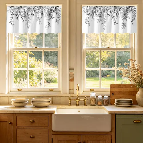 Vista 66 de Cortinas de cocina de estilo granja occidental con bolsillo para cortinero, pequeñas y cortas, estilo café rústico, cabaña, puerta de granero