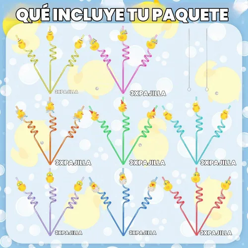 Vista 4 de Honoson 24 popotes de pato, regalos de fiesta de cumpleaños, con 2 cepillos de limpieza, tema, reutilizable, plástico, tonto, 8 diseños