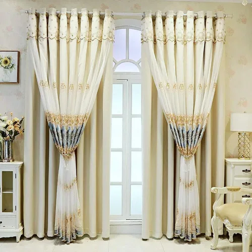 Vista 3 de Amidoudou 1 par de cortinas europeas de doble capa con cortinas transparentes para sala de estar, dormitorio, cortinas opacas bordadas de lujo Beige