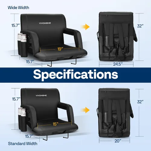 Vista 2 de VIVOHOME Asientos reclinables para estadio con respaldo y cojín, paquete de 2 sillas acolchadas portátiles con reposabrazos y soporte para tazas