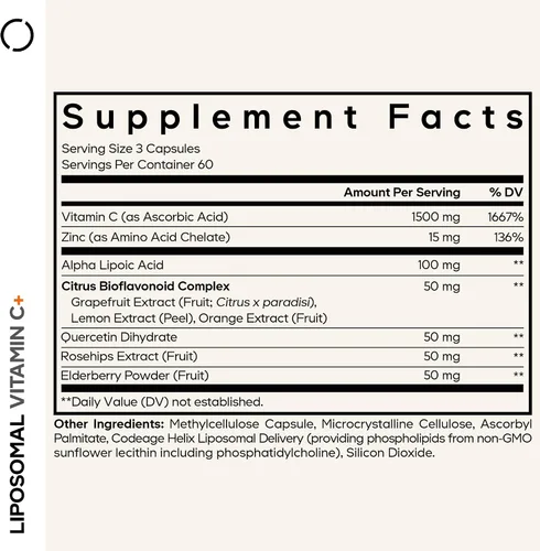 Vista 2 de Codeage - Vitamina C liposomal de 1500 mg con zinc, saúco, bioflavonoides cítricos de pomelo, limón, naranja en polvo, quercetina y escaramujo