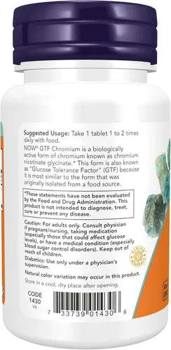 Vista 3 de NOW Supplements, GTF (factor de tolerancia a la glucosa) Cromo 200 mcg, Co-factor de insulina*, 100 tabletas