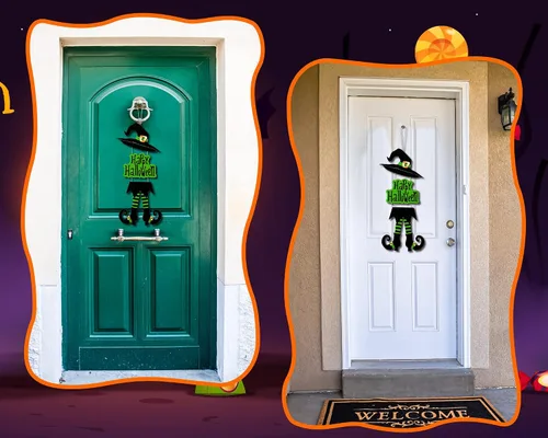 Vista 5 de Yerliker Decoración de letrero de Halloween con patas de bruja, sombrero de madera para colgar, decoración de pared de madera, versión rústica