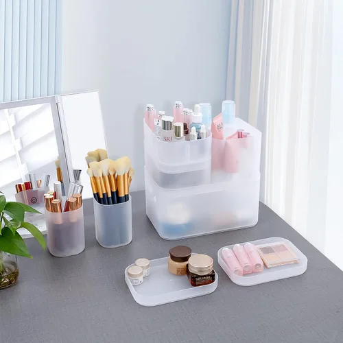 Vista 6 de OCHEAL Juego de estuche organizador de maquillaje: almacenamiento apilable transparente para tocador, soporte de varios tamaños para maquillaje