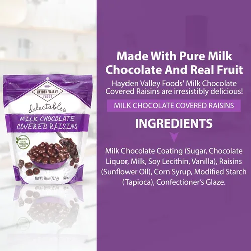 Vista 3 de Hayden Valley Foods Pasas cubiertas de chocolate con leche, bolsa resellable de 26 onzas, sin sabores, conservantes ni colores artificiales