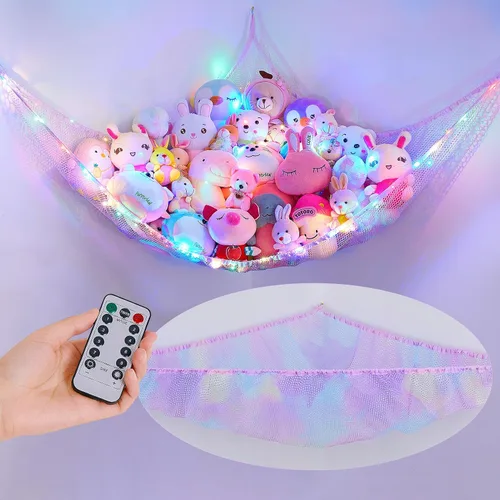 Vista 12 de Unicorn Castle Hamaca de red para animales de peluche, almacenamiento de juguetes con luz LED, organizador de juguetes de felpa para colgar