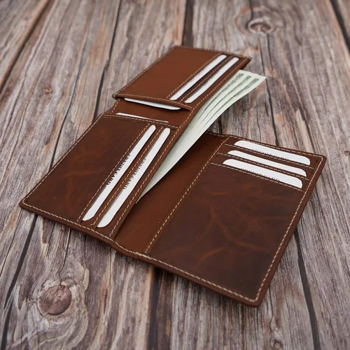 Vista 4 de ag wallets Billetera plegable de cuero de vaca para hombre con forma única y tarjeta de identificación (marrón vintage), OS (1209CF), Marrón