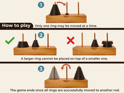 Vista 3 de BSIRI Divertidos juegos de mesa de rompecabezas de la torre de Hanoi (9 anillos) con diseños de madera para rompecabezas cerebrales