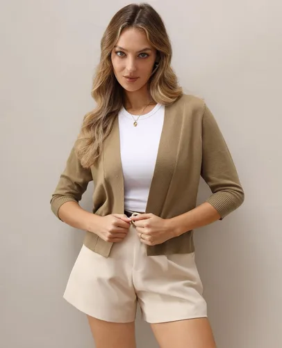 Vista 5 de QUALFORT Suéter de manga 34 para mujer, cárdigan recortado, elegante, ligero, con frente abierto, bolero