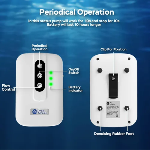 Vista 3 de AquaMiracle Bomba de aire portátil de acuario alimentada por batería de litio para pecera, aireador recargable por USB para pesca al aire libre
