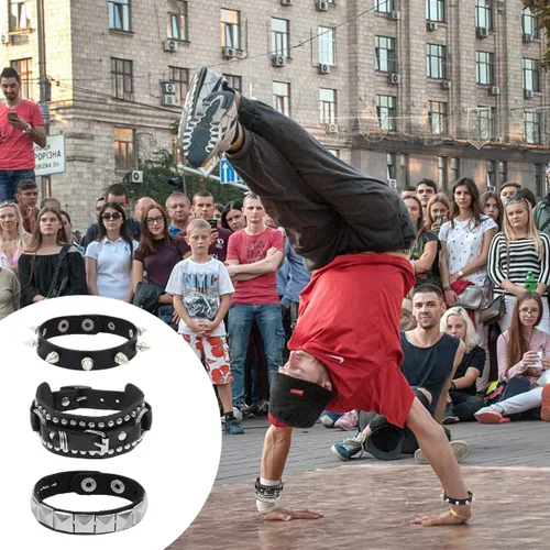 Vista 5 de 3 piezas de pulsera de cuero estilo punk rock con tachuelas ajustables, pulsera de estilo emo con espigas, accesorio de puño con remaches retro