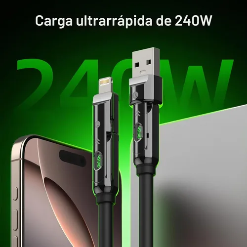 Vista 2 de MFish Cable de carga 4 en 1, cable de carga rápida máxima de 240W de 3.05 m con estuche de transporte, USB A/C de silicona a Lightning/C con luz