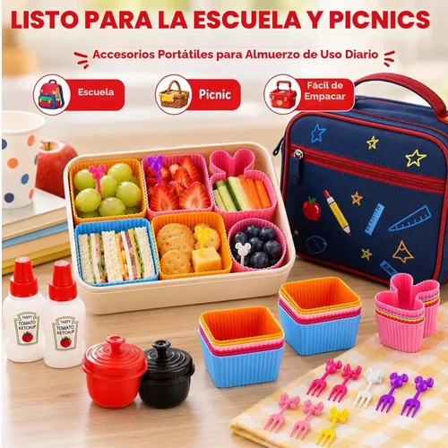 Vista 7 de Juego de 32 piezas de accesorios de caja Bento, divisores de silicona para lonchera, mini botella de ketchup, contenedor de aderezo para ensaladas