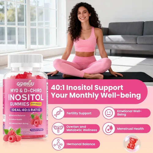 Vista 3 de Paquete de 2 gomitas de mio-inositol y D-Chiro inositol para mujeres de 2000 mg + 50 mg de proporción ideal 40:1 con vitamina D3, glicinato