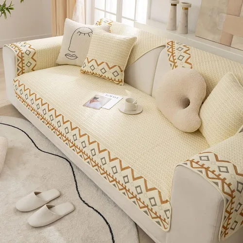 Vista 4 de Funda para sofá con bordado de granja, diseño geométrico, de algodón, acolchada, para sofá seccional, antideslizante, suave, protector de muebles