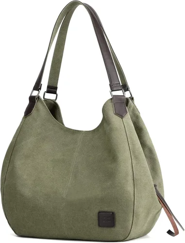 Vista 22 de Dourr Bolso para hombro para mujer, con múltiples bolsillos, bolso de mano moderno de lona de algodón