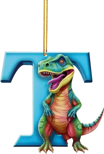 Vista 22 de Adorno de Navidad personalizado de dinosaurio de 26 letras, adornos colgantes 2023, monograma inicial de plástico, decoraciones de árbol de Navidad