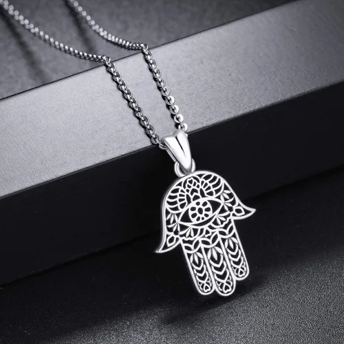 Vista 4 de Collar de mano de Hamsa, plata de ley 925, colgante para mujer, hombre, colgante de mano sagrada de Fátima, con joyería fina, regalo de camino