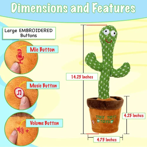 Vista 10 de Juguete de cactus bailarín que imita para bebé - Cactus parlante que imita y canta - 125 canciones, 35 rimas infantiles para niños pequeños