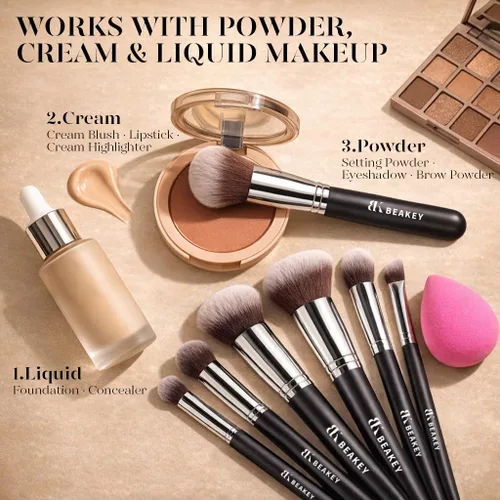 Vista 5 de BEAKEY - Juego de brochas de maquillaje, 13 piezas con estuche, 10 pinceles y 2 esponjas Soft synthetic bristles,foundation brush for liquid