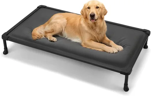 Vista 7 de Veehoo Cama elevada para perros a prueba de masticaciones, catre elevado duradero para mascotas con tapete impermeable relleno de algodón de Gris